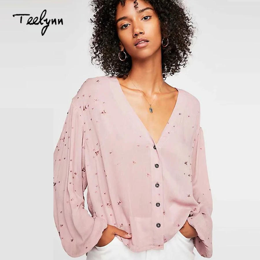 Aliexpress.com : Buy TEELYNN Loose Boho blouse Star embroidery pink solid Blouses sexy v neck 