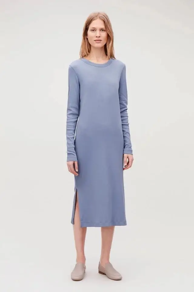 

Women Dress 2019 New Round Neck Knit Long Sleeve Split Dress