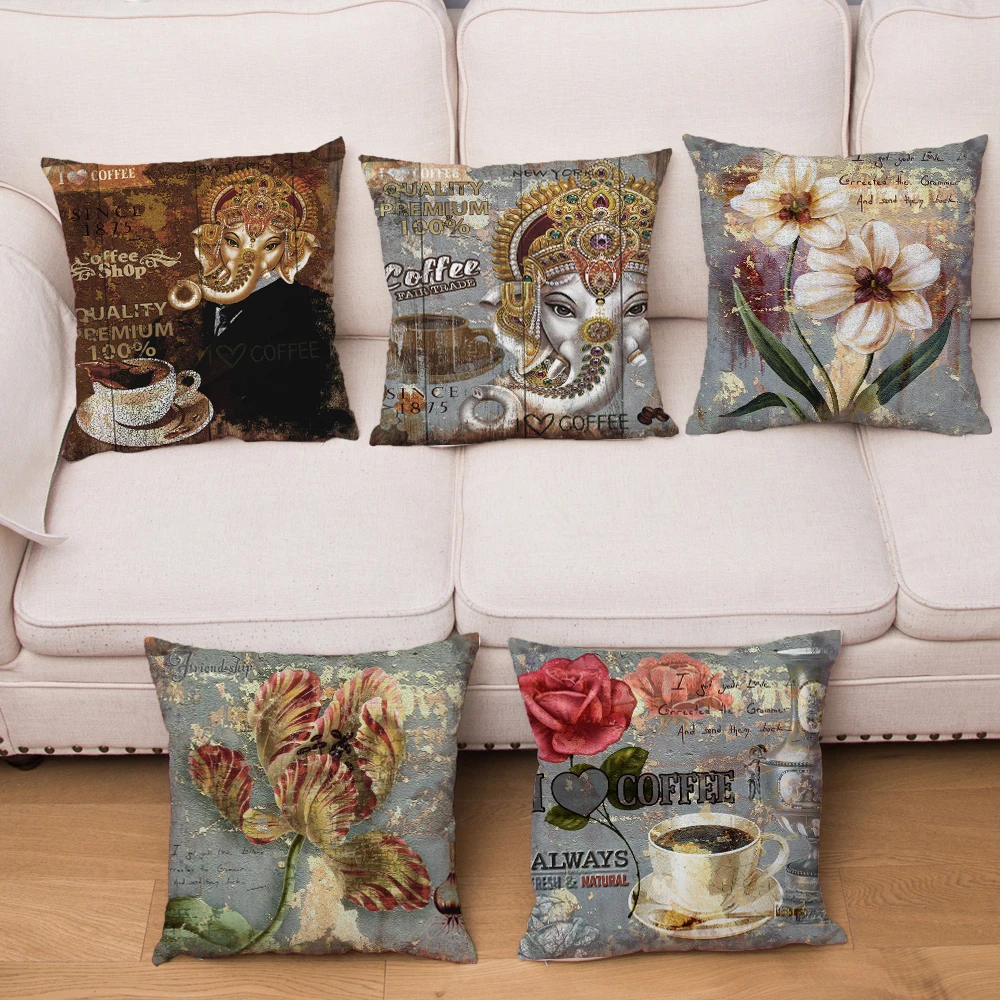 

Super Soft Plush Retro Coffe House Decor Flower Print Cushion Cover Cushions Covers Square Pillows Cases Home Decor Pillowcase