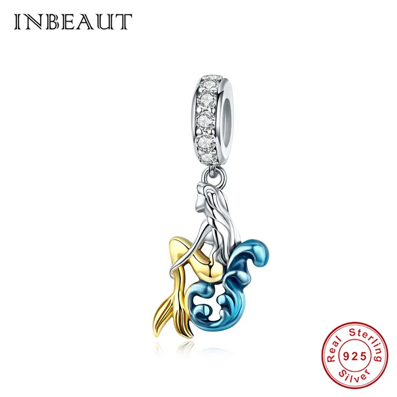 

INBEAUT 100% 925 Sterling Silver Elegant Blue&Yellow Mermaid Charms fit Pandora Bracelet Hot Sale S925 Fish Beads Jewelry Making