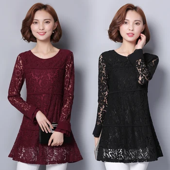 

4xl plus size tops blusas 2016 new korean spring autumn women loose Hollow out long sleeve pink black lace shirts female A1247