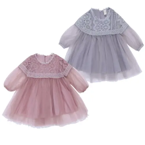 Cool Baby Girl kids Princess Party Dress solid color Wedding Pageant clothes long sleeve Tutu Tulle mesh stylish 2018 | Детская одежда