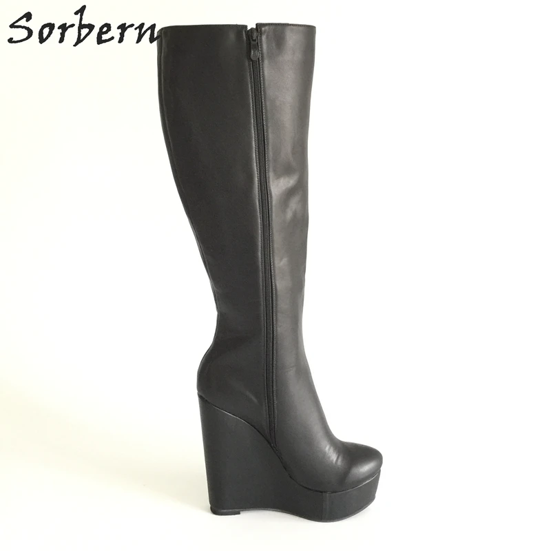 Sorbern/черные женские сапоги на танкетке; сапоги до колена с круглым носком и плюшевой подкладкой; модная женская обувь на очень высоком каблуке с резиновой подошвой