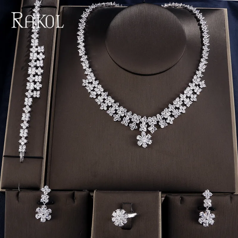 

RAKOL Fashion Flowers Shape Earrings Necklace Bracelet Ring For Women Shiny Cubic Zirconia White Gold Color Jewelry Set RS12389K