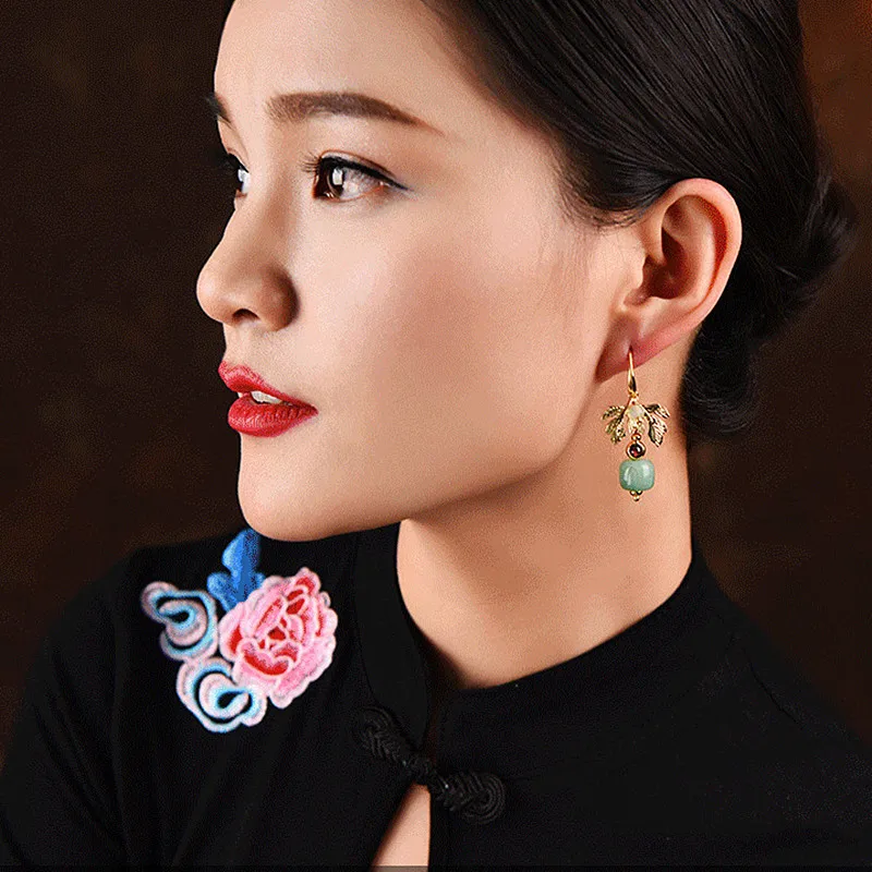 Yanting Vintage Earrings For Women Ethnic Earrings Female Gold Color Leaf Earings Fashion Jewelry Aventurine Stone Earring 032 (4)
