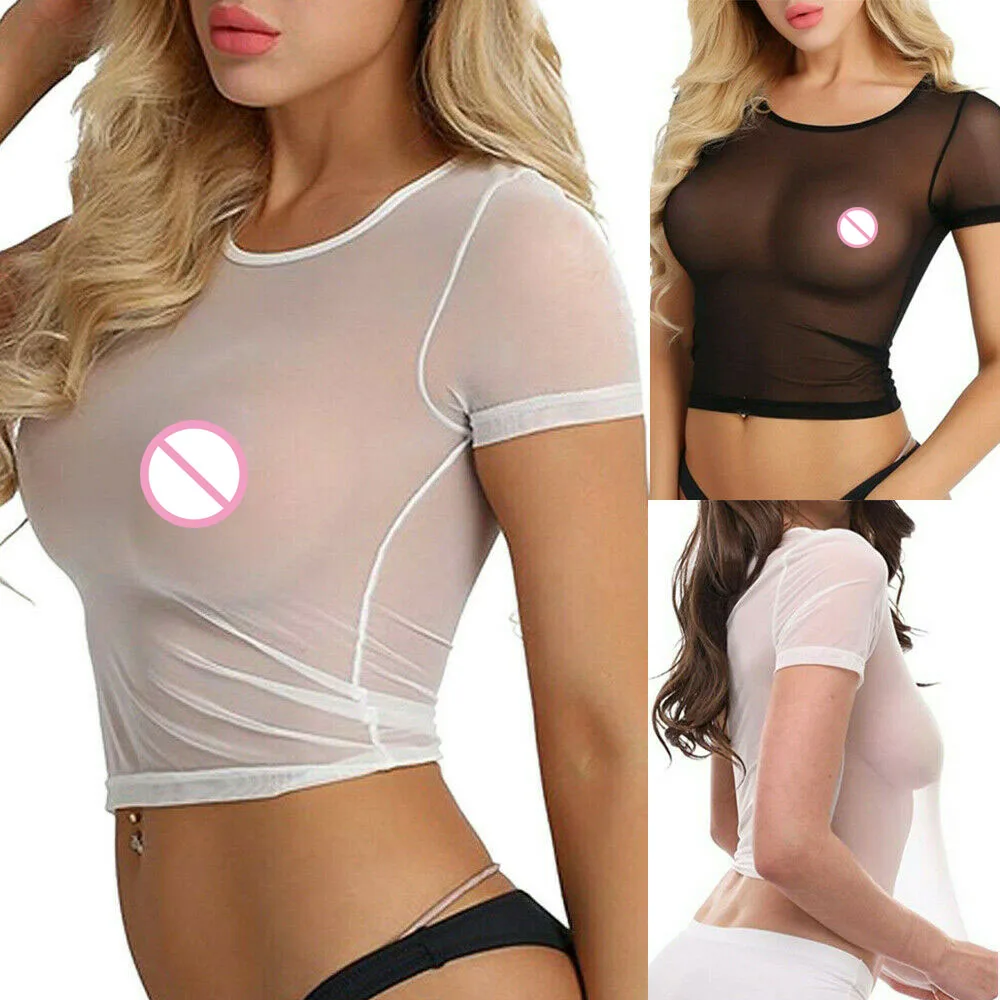 New Women Blouse Sexy Sheer Mesh See-Through Short Sleeve Tops Crop Slim Shirt Blouse Transparent Tops