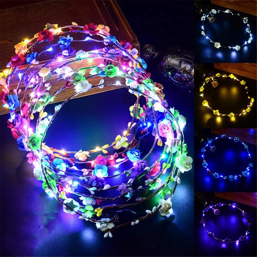 

Hot Party Crown Flower Headband LED Light Up Hair Wreath Hairband Garlands Women Halloween Christmas Glowing Wreath