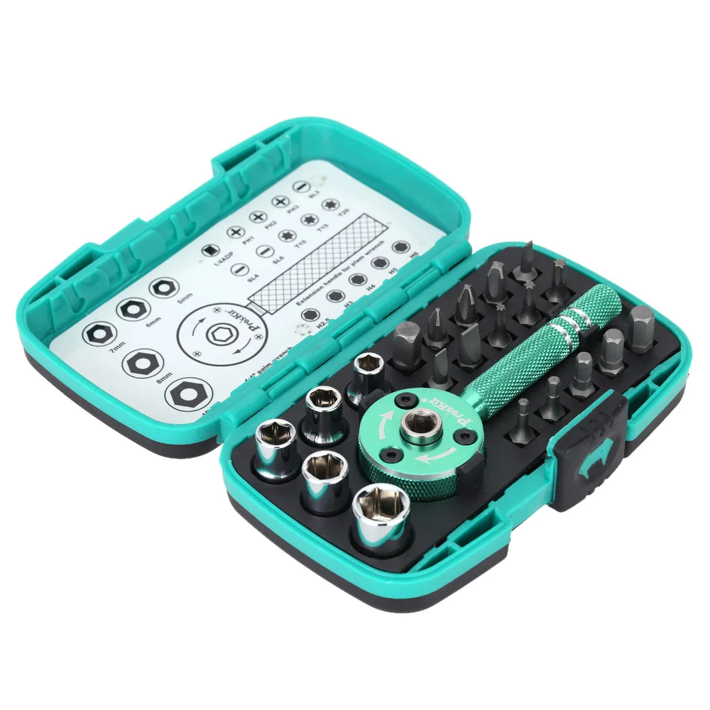 

Pro'sKit Multi-functional 22pcs Screwdriver Set Mini Ratchet Wrench Bit 1/4" Driver Socket Set Screwdriver Kit Hand Repair Tool
