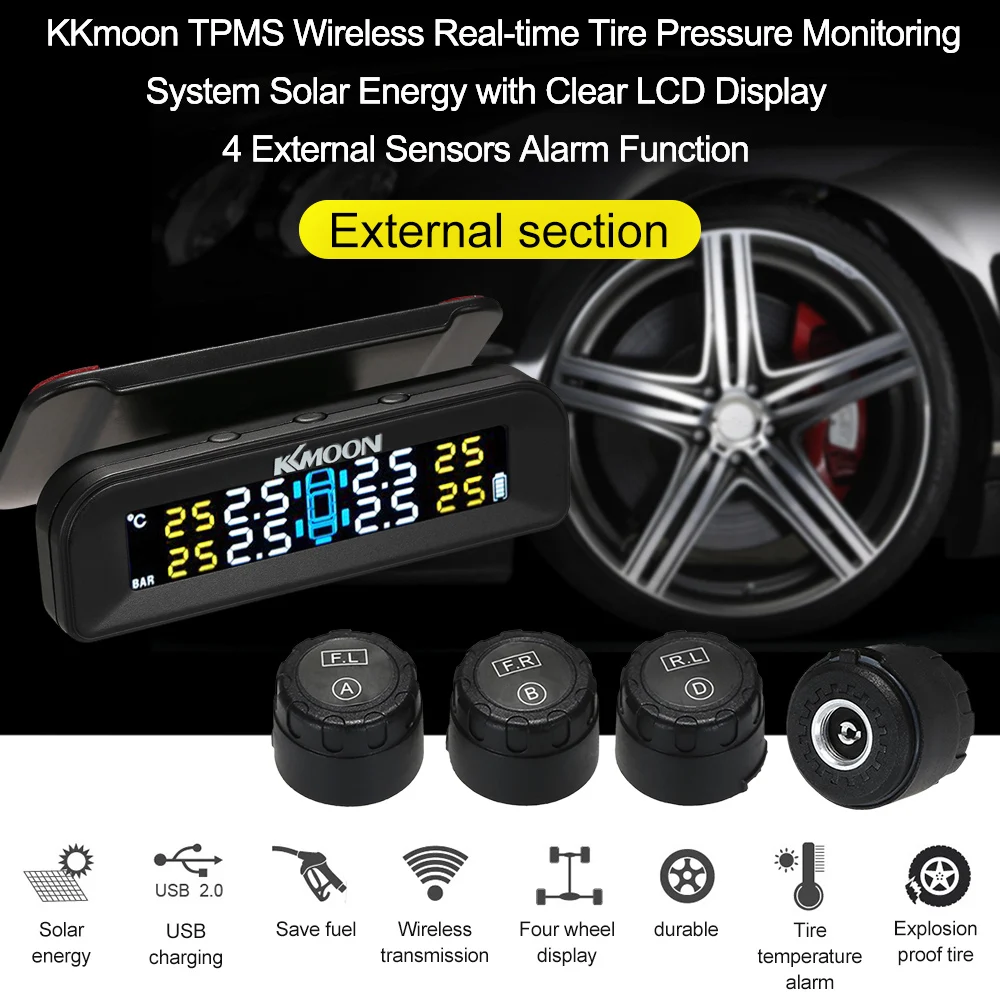 Автомобильная система контроля давления в шинах TPMS, цифровой ЖК-дисплей с солнечной зарядкой, система автоматической сигнализации на лобовом стекле, беспроводная с 4 датчиками