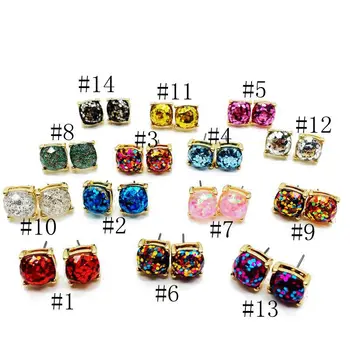 

14 Colours Rainbow Square Glitter Stud Earrings Fashion Resin Opal Earings Gold Color Brand Jewelry Women Wedding Party Gift