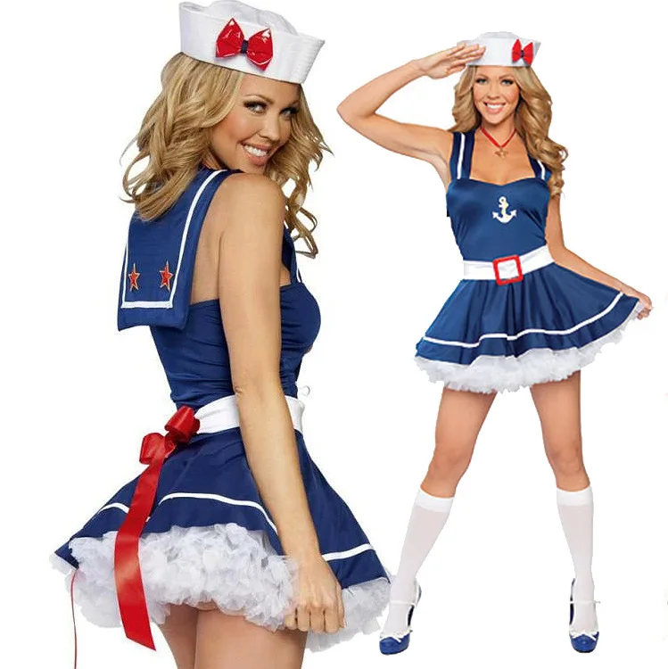 Navy Sailor Blue Girl Uniform Ladies Rockabilly Pin Up Fancy Dress Costume /& Hat
