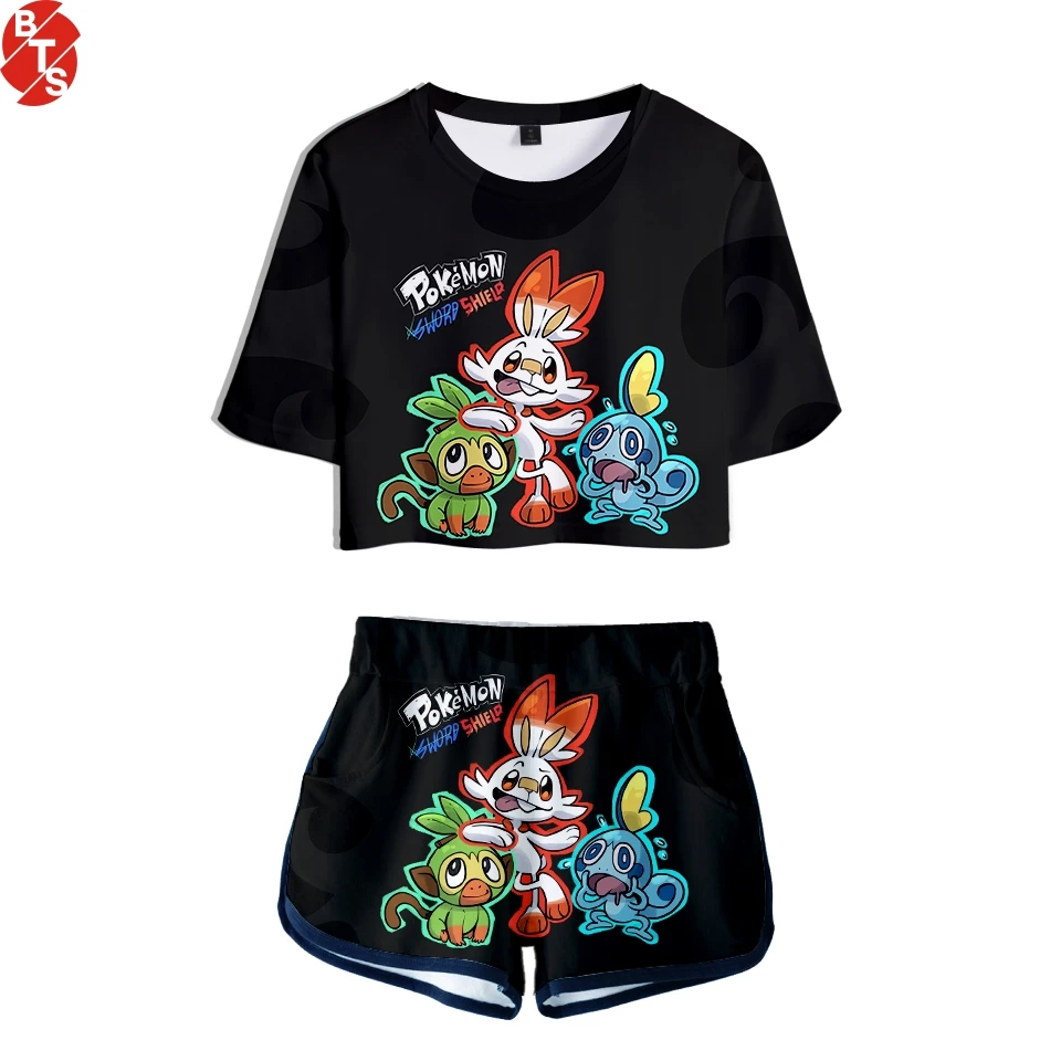 Pokemon Sword and Shield 3D Printed Women Two Piece Set Summer Short Sleeve Crop Top+Shorts 2019 harajuku Streetwear Clothes
