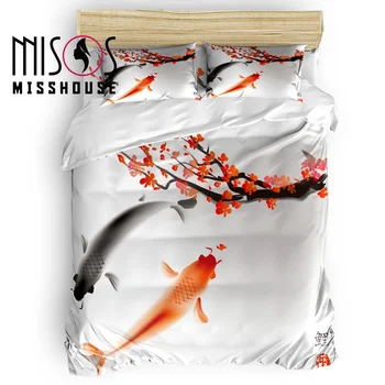 

MISSHOUSE Ink Painting Varicolored Koi Fish Plum Blossom Duvet Cover Set Bed Sheets Comforter Cover Pillowcases Bedding Sets