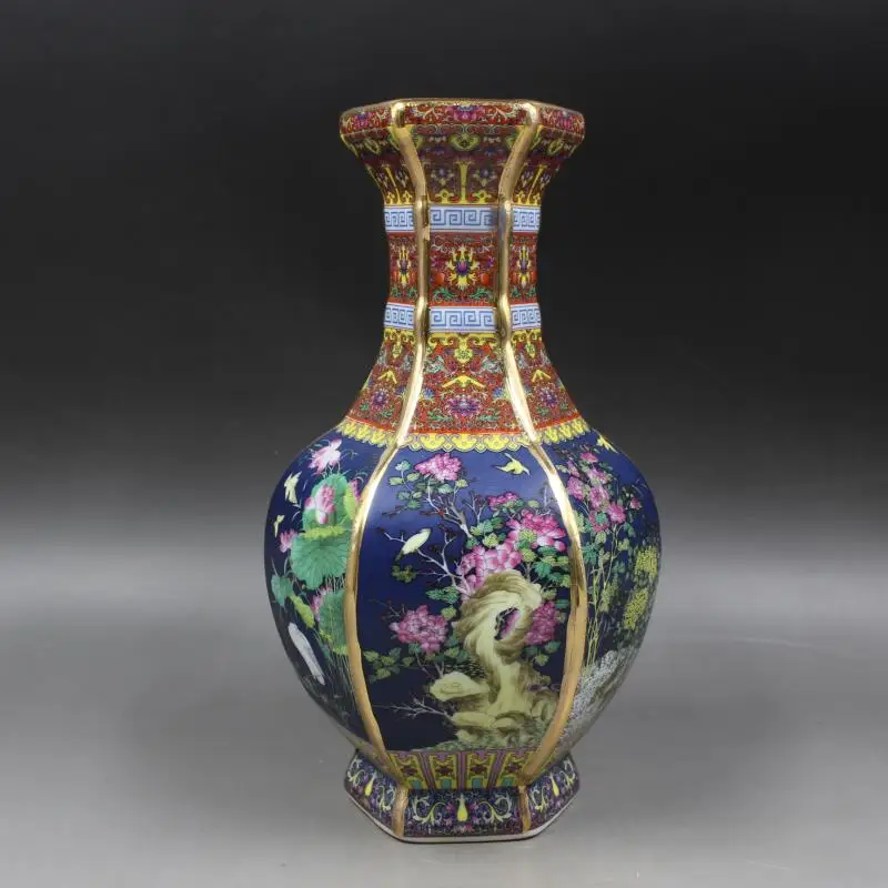 Цзиндэчжэнь Античная синяя керамическая ваза Qianlong год марка Эмаль Золотая ваза антикварный фарфор старинная фарфоровая коллекция