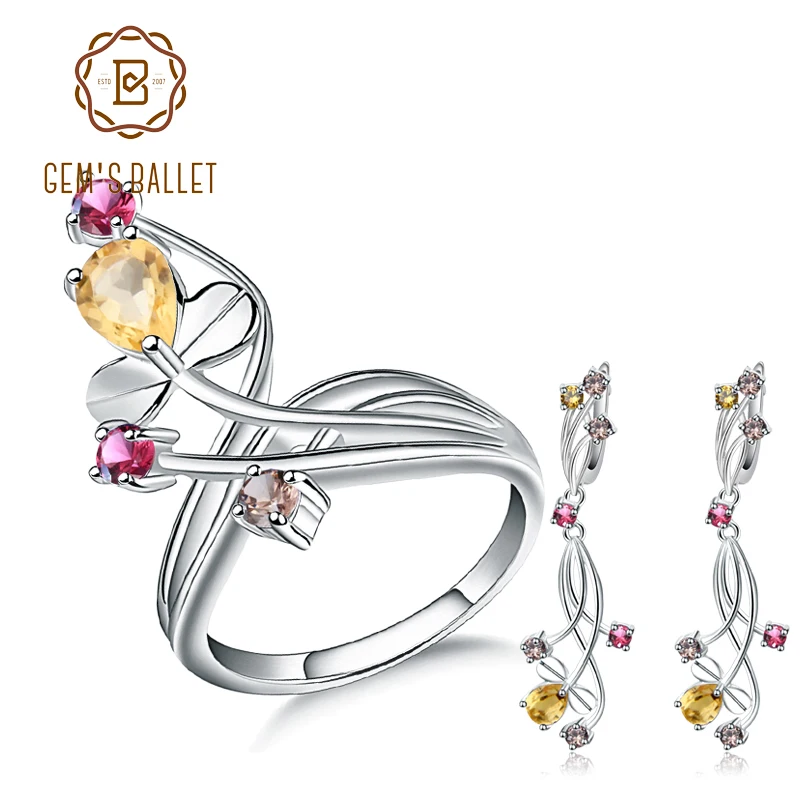 

GEM'S BALLET Citrine Garnet Smoky Quartz Rings Clip Earrings Natural Gemstone 925 Sterling Silver Fine Jewelry Set For Women