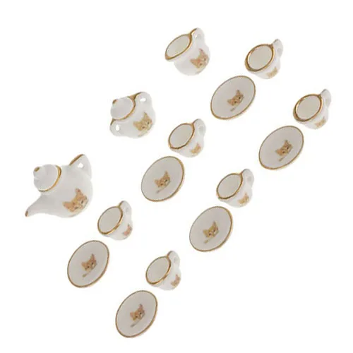 

HOT Set of 15pcs Dolls House Miniature Porcelain Tableware Coffee Tea Cup Saucer Set Cat Print