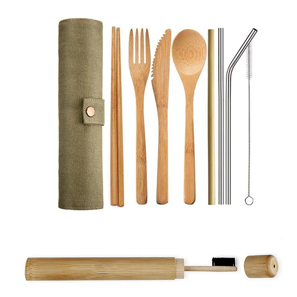

Straw Utensil With Cloth Bag Cutlery Set Bamboo Spoon Fork Chopstick Portable Knife Reusable Travel Tableware Eco Friendly