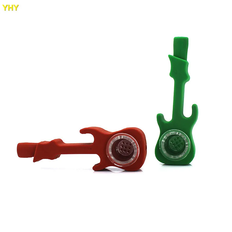 Guitar Shaped Silicone Pipes Creative Mini Herb Pipe With Glass Bowl Handy Smoking Pipes 11CM Smoking Accessories 05