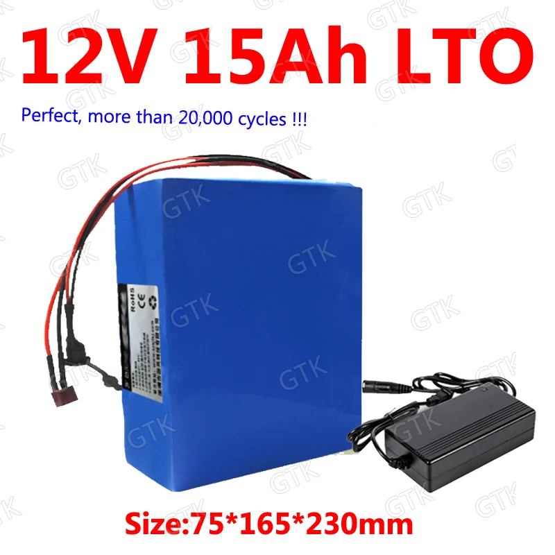 GTK customize 12v 15Ah LTO battery pack Lithium titanate battery BMS for power supply equipment Lawn mower robot RV+ 3A Charger