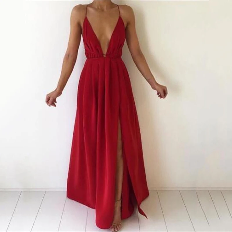 

Sexy Deep V-neck Sleeveless Spaghetti Strap Split Long Dresses Summer Women Elegant Party Solid Empire Floor-Length Dress