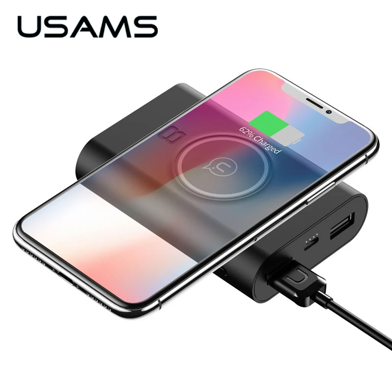 USAMS 5V 2A 2 USB Ports 8000mah QI Wireless Charger 5W Pad Power Bank Built-in Wireless Charging Universal Power Bank