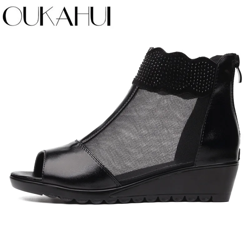 

OUKAHUI 2019 Summer Genuine Leather Wedges Heel Gladiator Sandals Women Sexy Peep Toe Hollow Breathable Ladies Mesh Sandals Lady