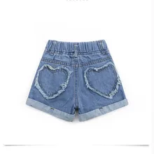 Летние джинсовые шорты с сердечками размера плюс для девочек, детские короткие джинсовые брюки с отворотами популярные повседневные штаны для детей от 3 до 15 лет, X435
