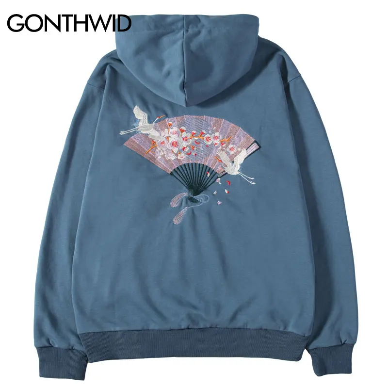 

GONTHWID Embroidered Chinese Hand Held Fan Cherry Blossoms Crane Thin Hooded Sweatshirts Hoodies Harajuku Hip Hop Streetwear Top