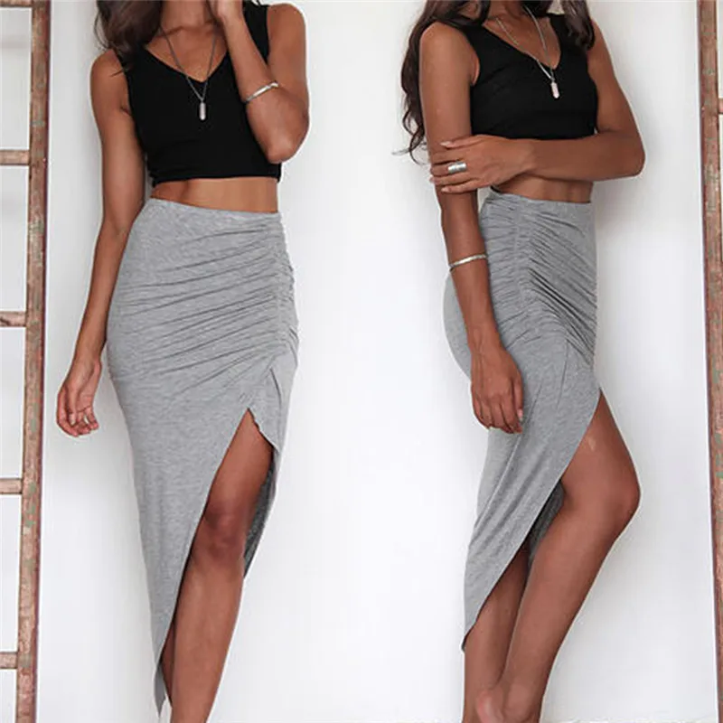 

Womens Long Skinny Slit Maxi Pencil Skirt Ladies Ruched Side Split Slim Hip Skirts Wholesale Black Grey