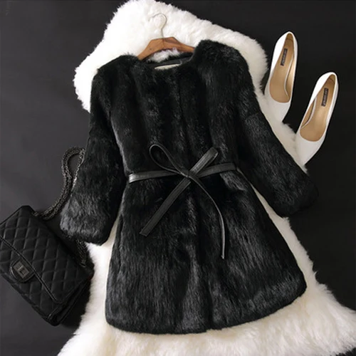 Новинка, длинное пальто из натурального кроличьего меха, зимняя куртка из натурального кроличьего меха, корейские женские мягкие пальто из натурального меха с рукавом три четверти - Цвет: Black