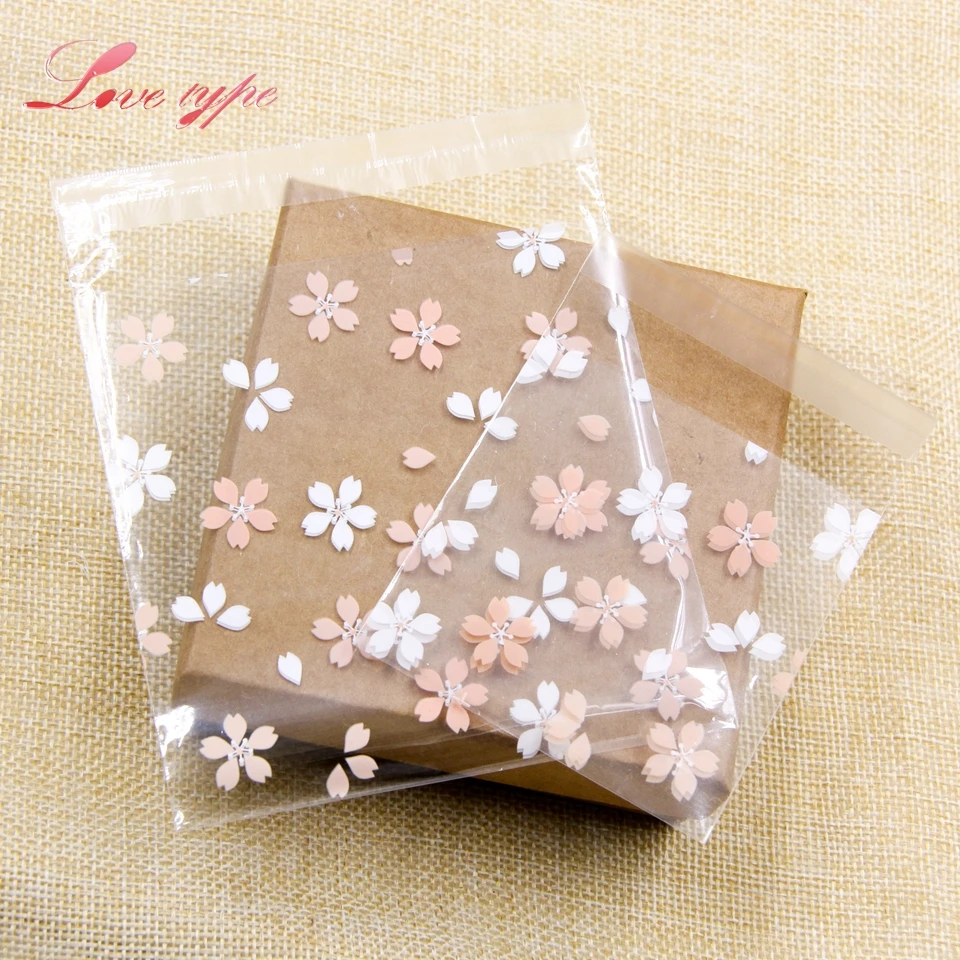 100PCS Cherry Blossoms Candy &Cookie Plastic Bags Self Adhesive For DIY