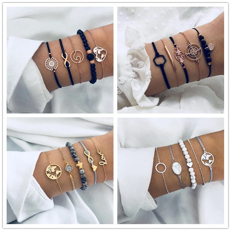 

Tocona 20 Style Boho Bird Turtle Map Heart Leaf Arrow Bracelets Shell Bead Palm Gem Chain Bracelet Set Exquisite Women Jewelry