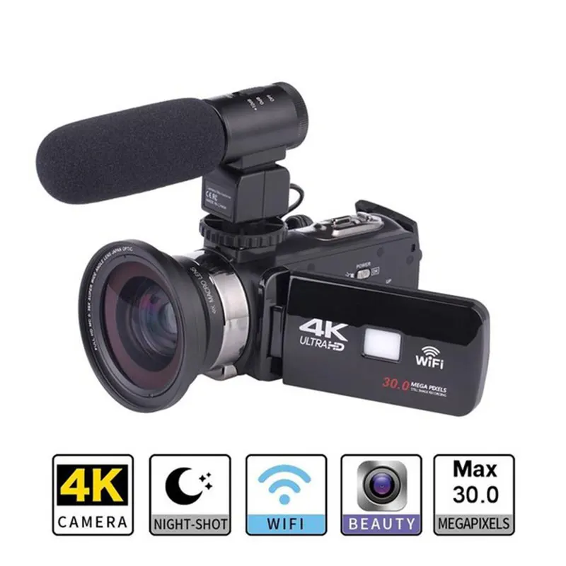 

2019 New Ultra HD 4K WiFi Digital Video Camera 3.0 Inch IPS Touch Screen 30MP 16X ZOOM + External Microphone + Wide Angle Lens