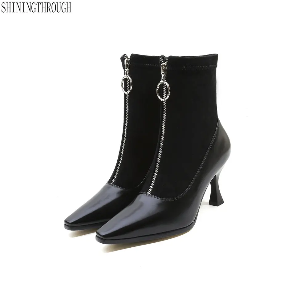 

2018 Cow leather high heels women boots spring autumn ankle boots woman patchwork ladies party dress wedding shoes size 42