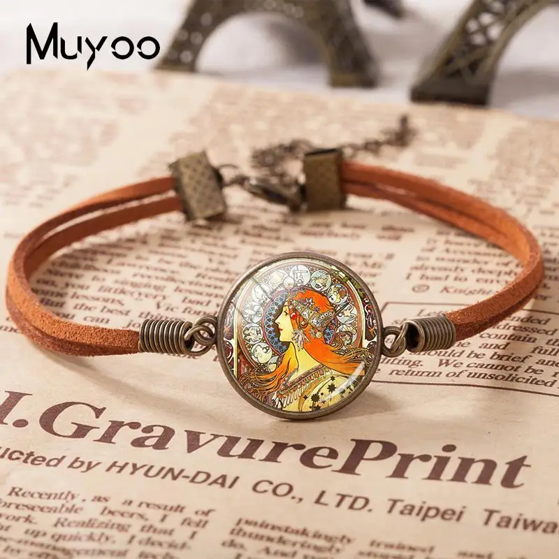 

2019 New Alphonse Mucha Leather Bracelet Beautiful Lady Bracelets Glass Dome Cabochon Handmade Jewelry