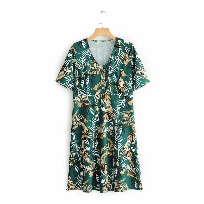 

Vintage Chic Leaves Print Dress 2019 Summer Women V-Neck Boho Dresses Short Sleeve Knee-Length Holiday Casual Vestidos