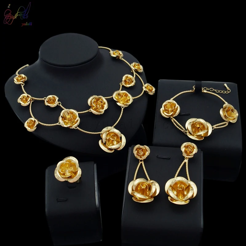 

Yulaili Free Delivery 2017 Rose Design Alloy Pure Gold Color Women Costume Four Jewelry Sets
