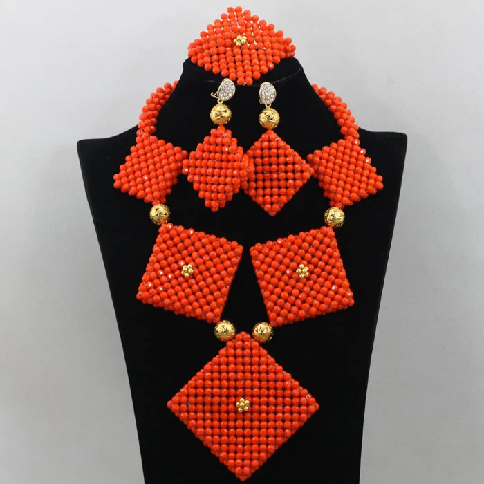 Яркие красные стеклянные бусины эффектное ожерелье для женщин костюм нигерийские Свадебные африканские бусины комплект ювелирных изделий ABK889 - Окраска металла: 14