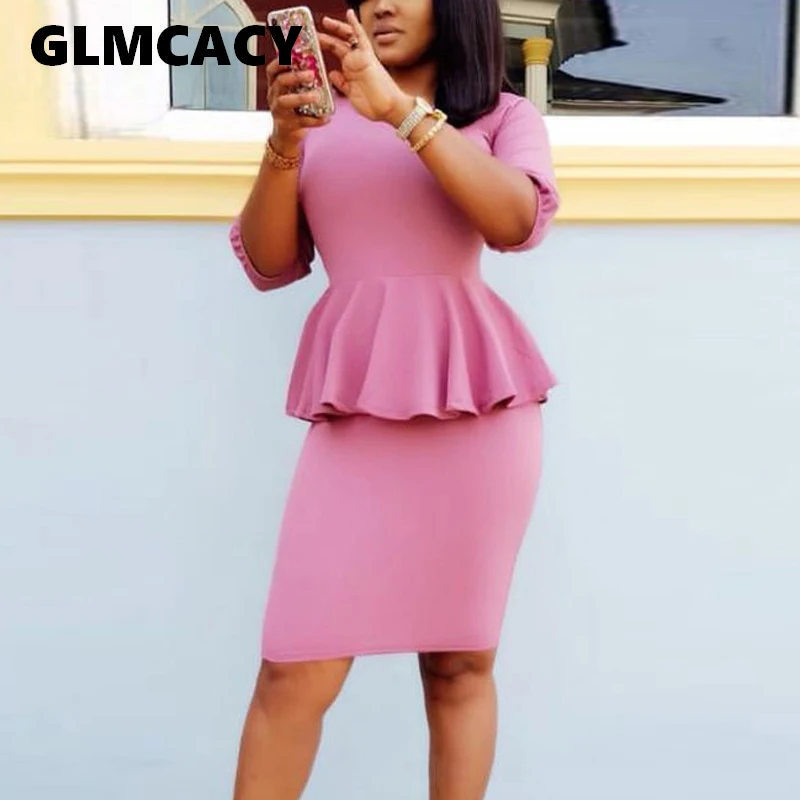 

Women Vintage Solid Color Wear To Work Half Sleeve O-Neck Bodycon Woman Office Pencil Peplum Business Dress