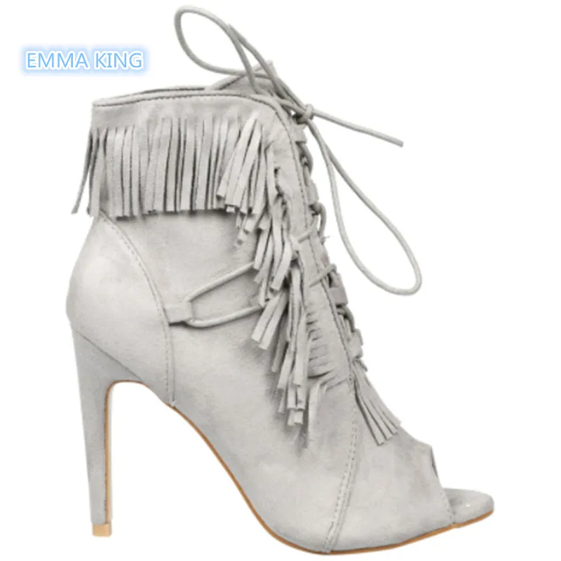 

Fashion Fringe Peep Toe Stilettos Botas Mujer Cross-tied Thin Heels Short Boots Solid Lace Up Autumn Short Boots Ladies Shoes