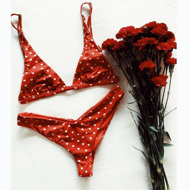 Комплект бикини, сексуальный купальник, купальный костюм, женский красный бикини с принтом сердца, пляжная одежда, Maillot De Bain Femme - Цвет: RD