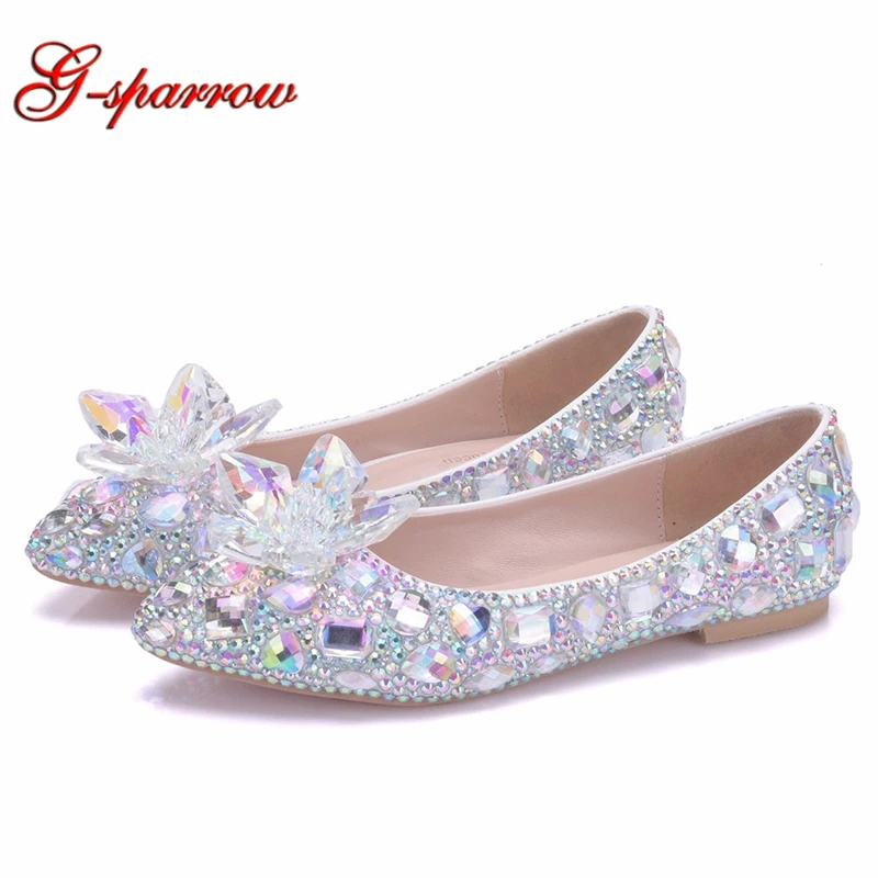 

Luxurious AB Crystal Wedding Dress Shoes Pointed Toe Flat Heel Crystal Cinderella Prom Party Shoes Mother of the Bride Shoes
