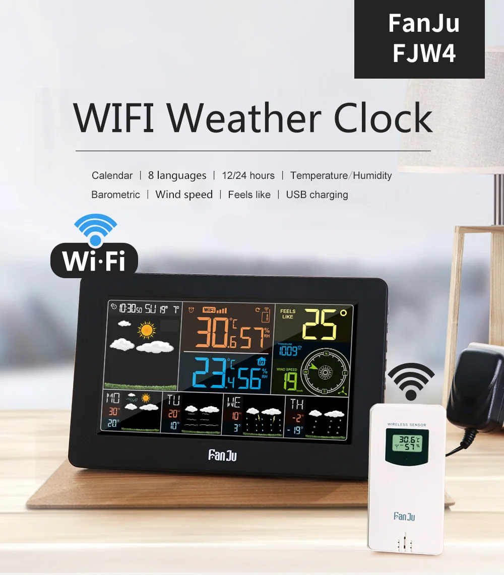 FanJu FJW4 Wi-Fi Метеостанция настенные цифровые часы-будильник термометр гигрометр для будущих погоды направление ветра барометр