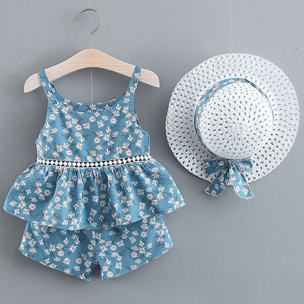 

Newborn Baby Girl Clothes Set Cotton Baby Kids Girls Floral Fruit Strap Tops Shorts Outfits Hat Casual Set LB F506