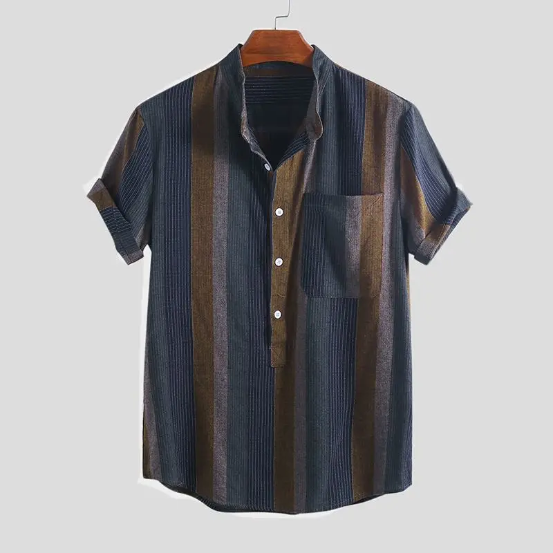 

2019 Summer Multicolor Striped Men Shirt Cotton Stand Collar Short Sleeve Loose Tops Retro Streetwear Casual Shirts Men Camisa