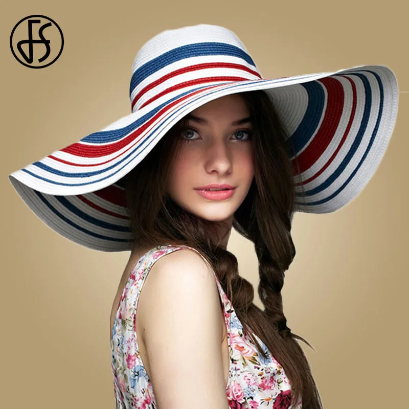 

FS Summer Foldable Hats Women White Straw Beach Sun Hats Wide Brim Blue Red Striped Large Visors Cap Casual Chapeau Ete Femme