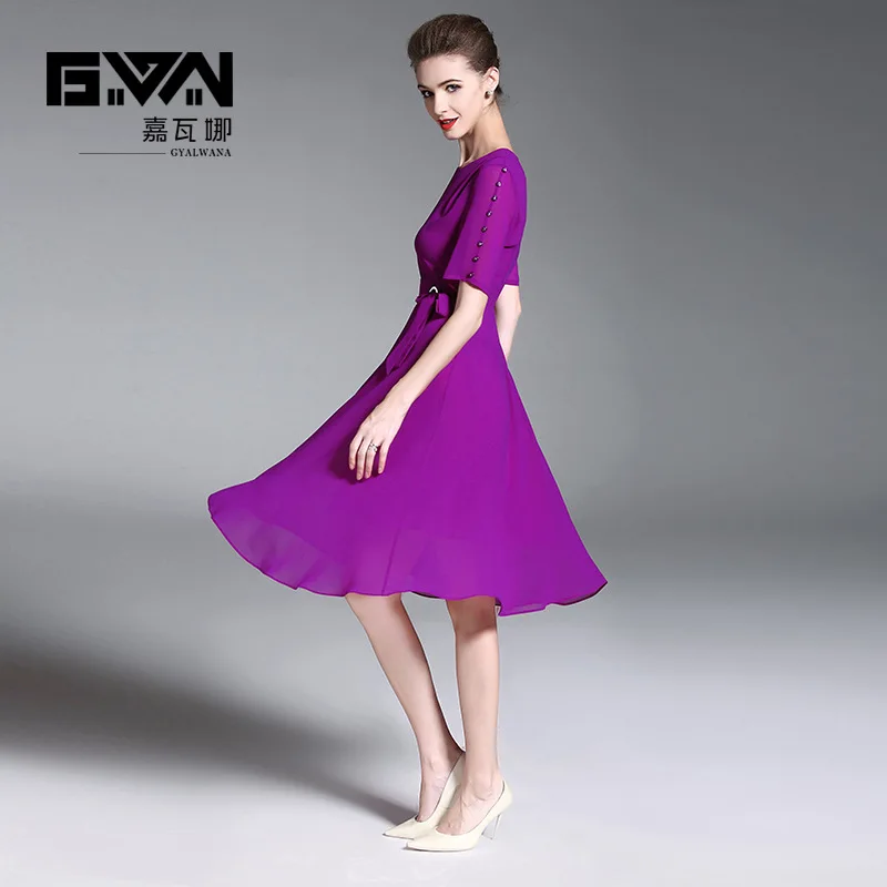 Женское платье с короткими рукавами и поясом, а-силуэт, фиолетовое шифоновое платье, модное элегантное, для офисных леди и вечерние летние платья