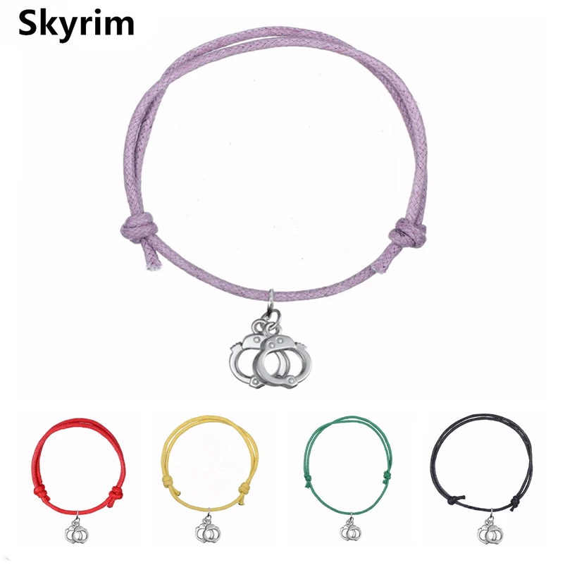 

Skyrim Jewelry Accessories Funny Mini Handcuffs Charm Pendants Adjustable Fashion Bracelcets Handmade Wax Cord Bracelcet 10pcs