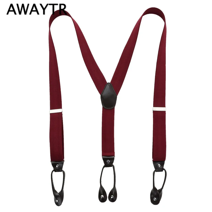 AWAYTR Fashion Man's Buttons Suspenders Unisex 6 Button holes Leather Fittings Braces Y Back Red