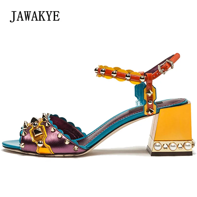 

2018 Purple Blue Rivet Chic Gladiator Sandals Woman Peep Toe Rhinestone Dimond Handmade High Heel Shoes Woman Wedding Shoes